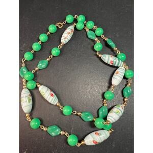 Vintage 32" Italian Murano Art Glass Green Floral Beaded Necklace